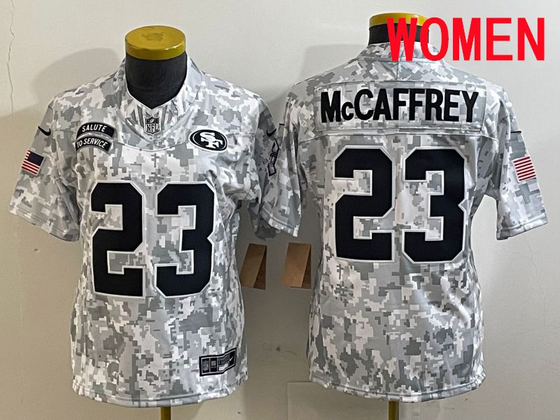 Women San Francisco 49ers 23 Mccaffrey Nike Arctic Camo 2025 Salute to Service Limited NFL Jersey style 1